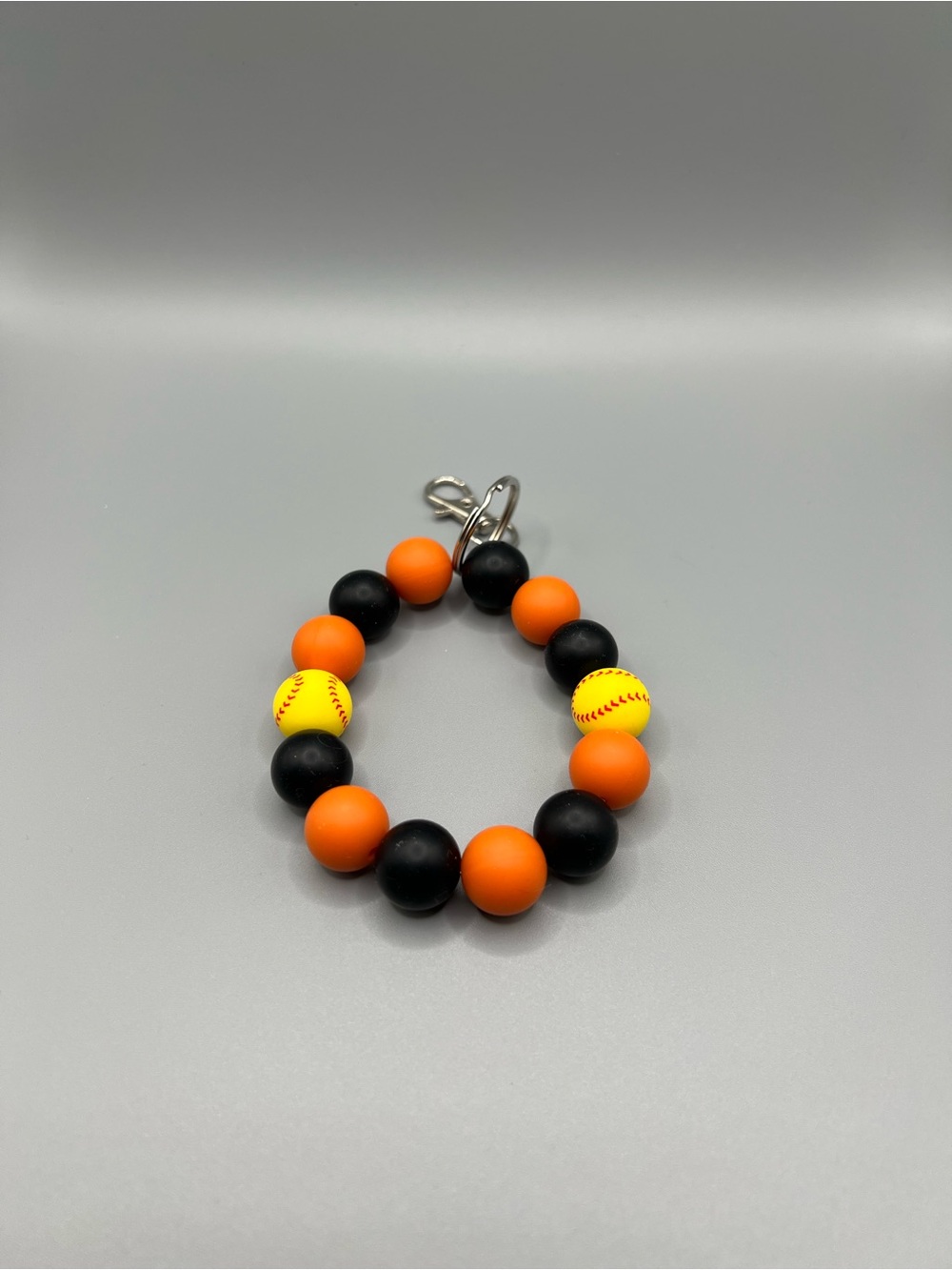 Orange & Black Beaded Keychain with Yellow Softball Accent - Handmade - K0292C